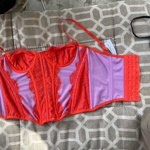 Vibrant Orange Lace Purple Mesh Corset Bustier Top